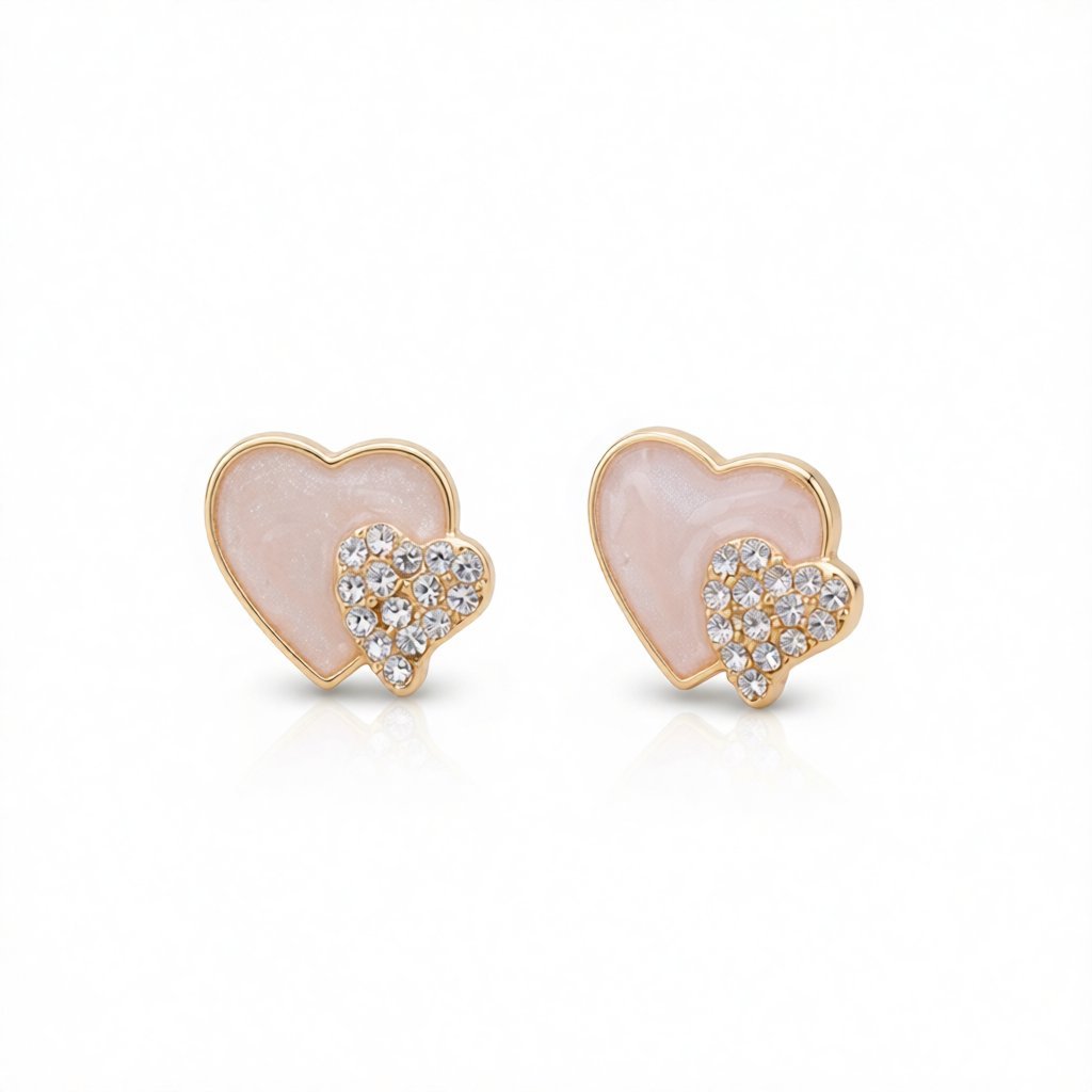 Cubic Zirconia and White Enamel Stacked Heart Stud Earrings, stud earrings for women, everyday style, side view