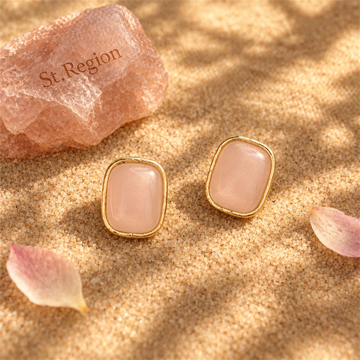 Pink Resin and 18K Gold-Plated Rectangle Cushion Stud Earrings, gold stud earrings for women, detail close-up