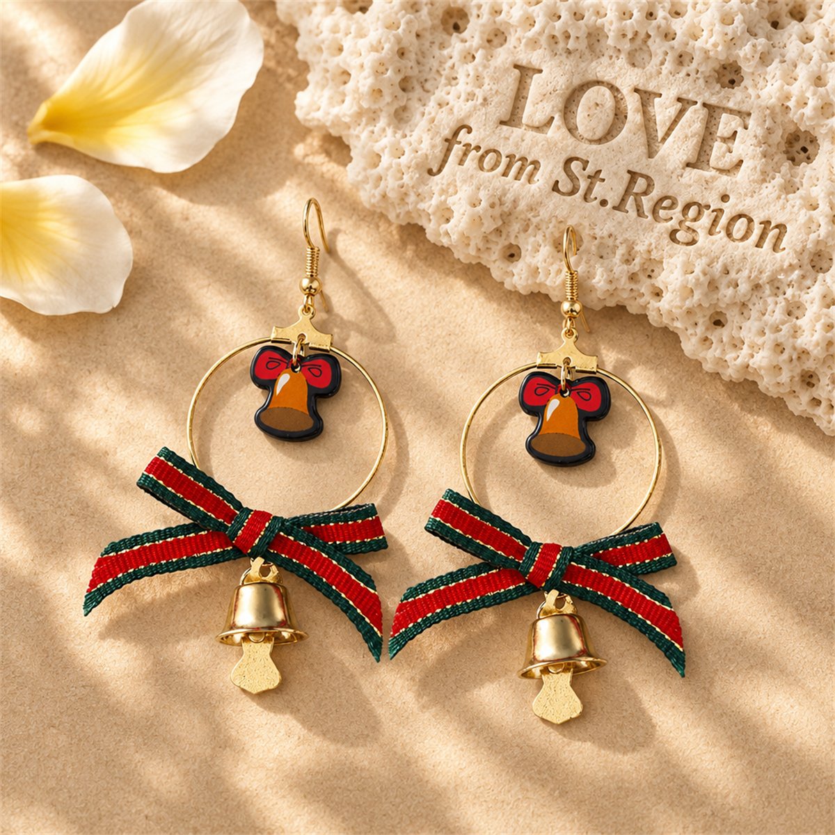 Red and Green Bell Bow Circle Drop Earrings, drop earrings for women, botanical inspired, lifestyle look