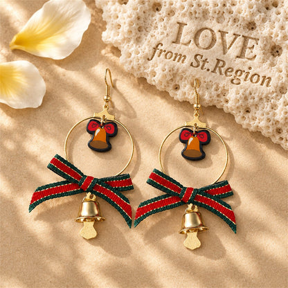 Red and Green Bell Bow Circle Drop Earrings, drop earrings for women, botanical inspired, lifestyle look