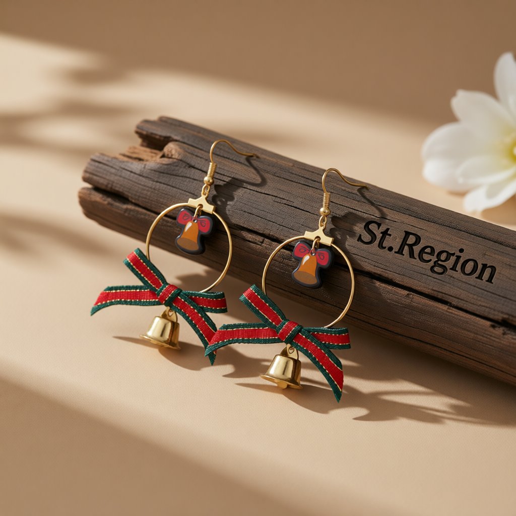 Red and Green Bell Bow Circle Drop Earrings, drop earrings for women, botanical inspired, front view