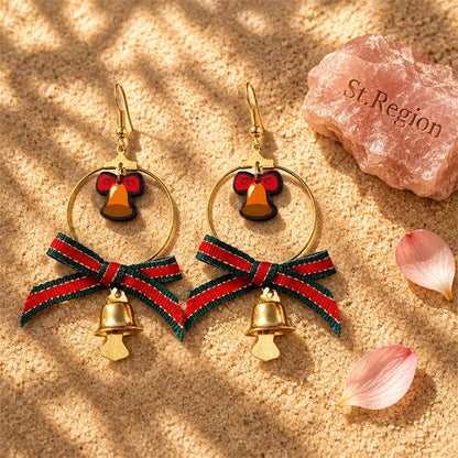 Red and Green Bell Bow Circle Drop Earrings, drop earrings for women, botanical inspired, detail close-up