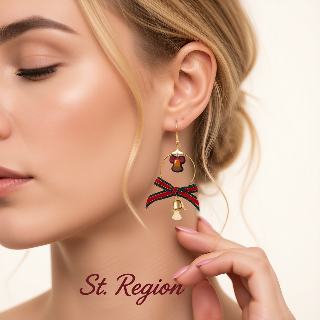Red and Green Bell Bow Circle Drop Earrings, drop earrings for women, botanical inspired, styled look