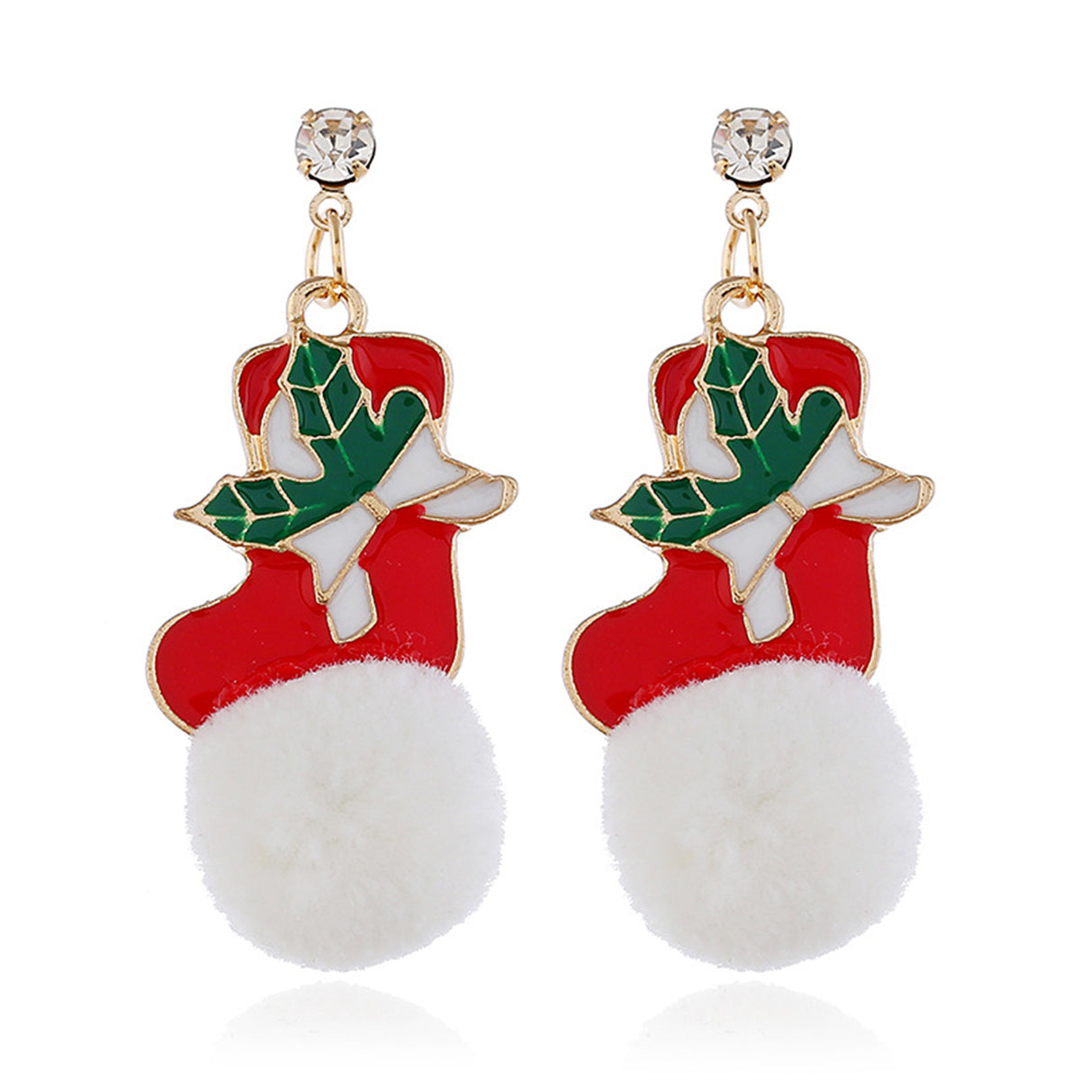 Cubic Zirconia and Red Holly Stocking Pom-Pom Drop Earrings, drop earrings for women, elegant gift for her, front view