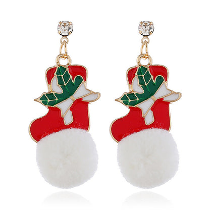 Cubic Zirconia and Red Holly Stocking Pom-Pom Drop Earrings, drop earrings for women, elegant gift for her, front view