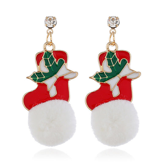 Cubic Zirconia and Red Holly Stocking Pom-Pom Drop Earrings, drop earrings for women, elegant gift for her, front view