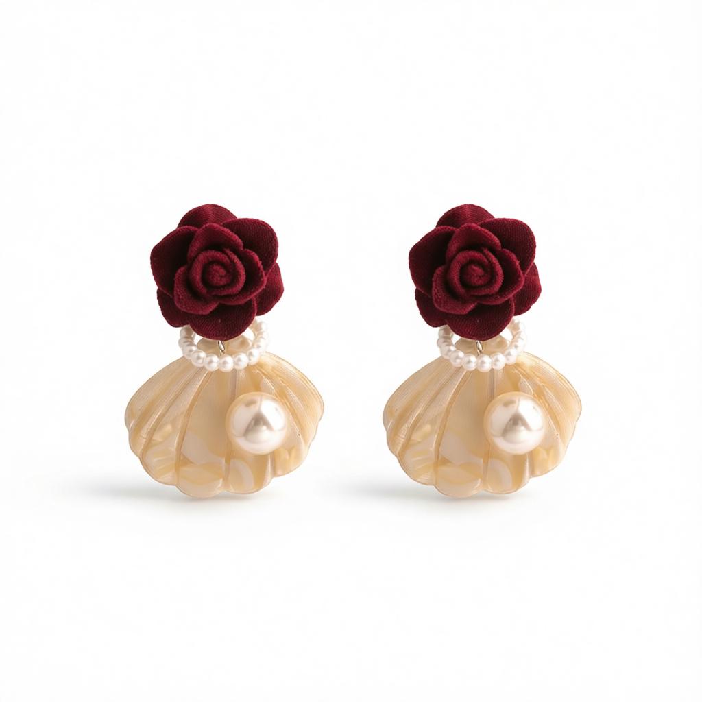 Pearl and Nylon Silver-Plated Rose Shell Drop Earrings, silver drop earrings for women, dainty minimalist design, side view