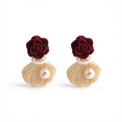 Pearl and Nylon Silver-Plated Rose Shell Drop Earrings, silver drop earrings for women, dainty minimalist design, side view
