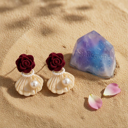 Pearl and Nylon Silver-Plated Rose Shell Drop Earrings, silver drop earrings for women, detail close-up