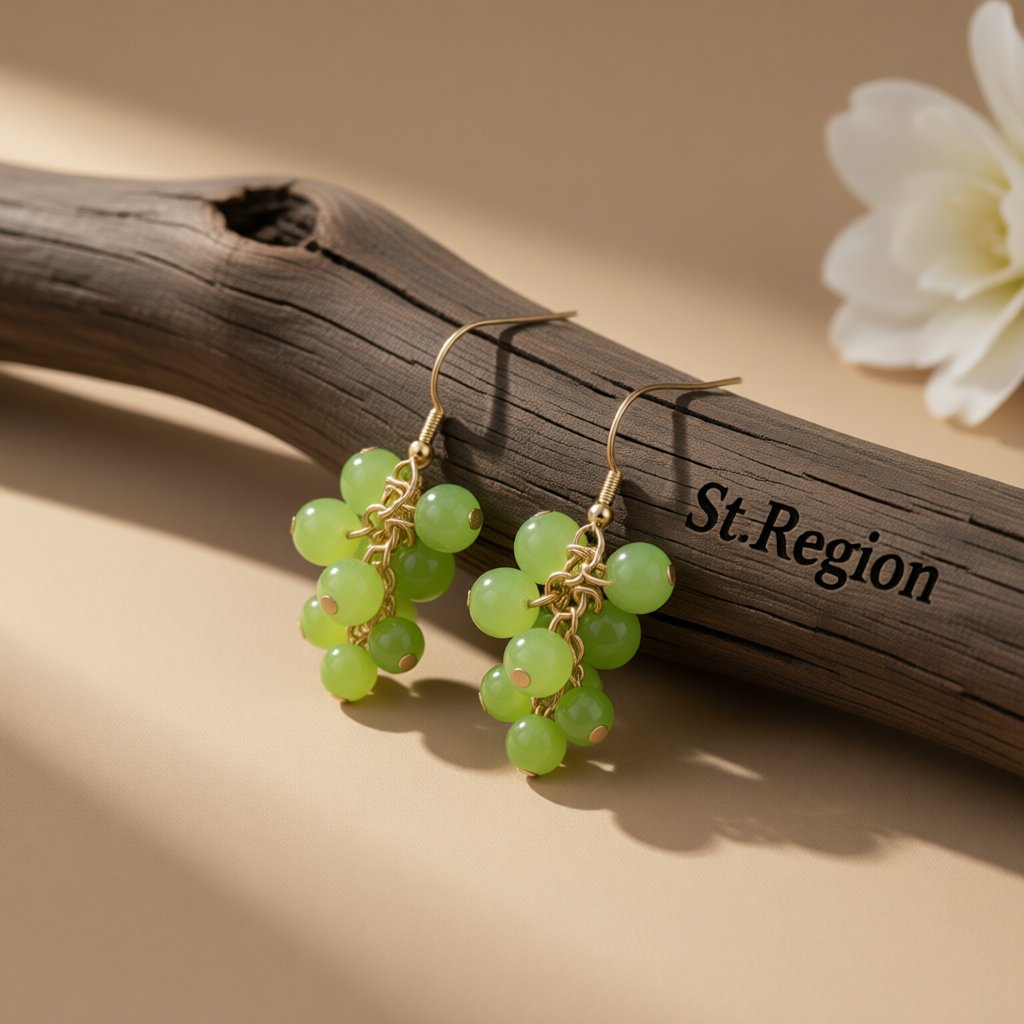 Jade and 18K Gold-Plated Grape Earrings, gold drop earrings for women, dainty minimalist design, front view