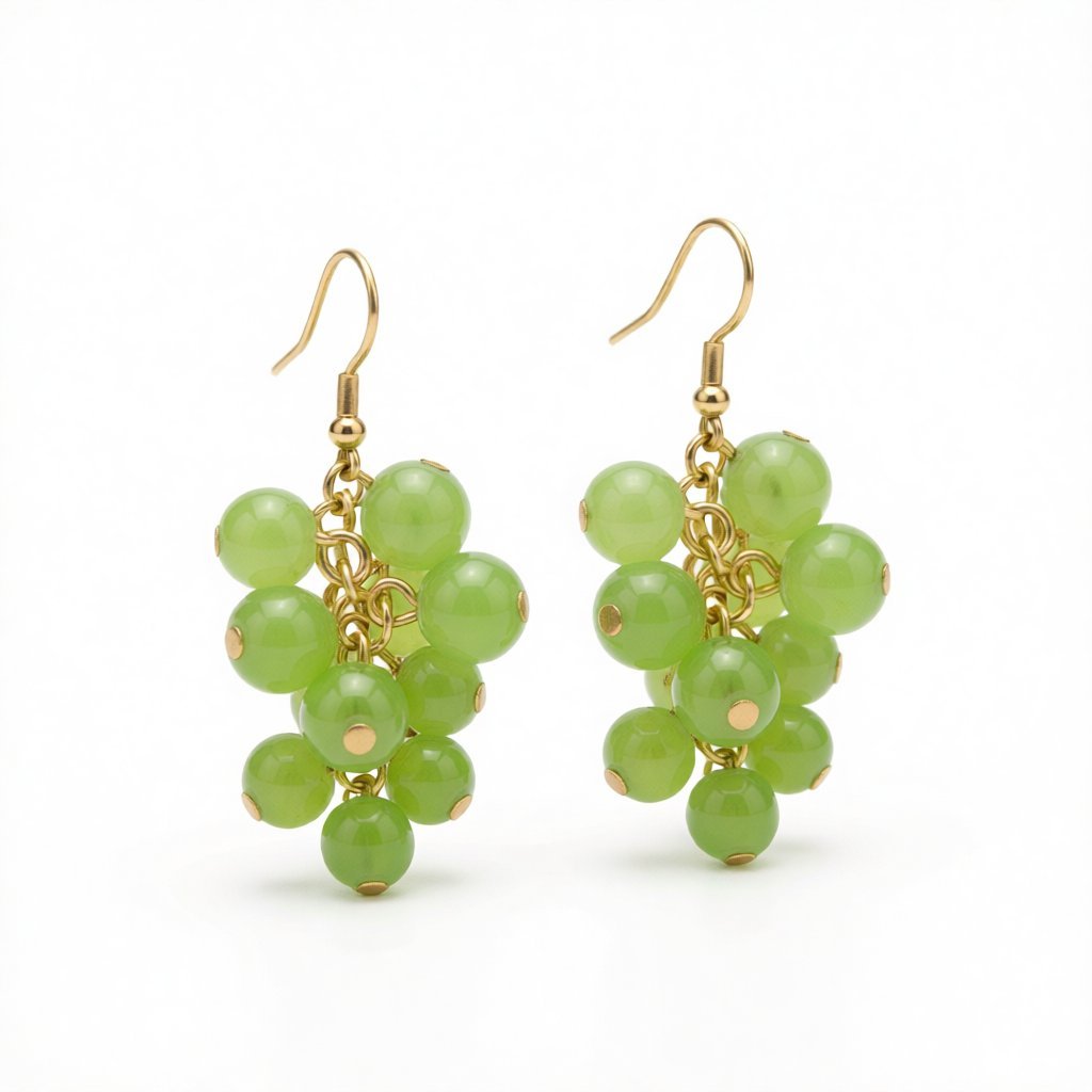 Jade and 18K Gold-Plated Grape Earrings, gold drop earrings for women, dainty minimalist design, side view