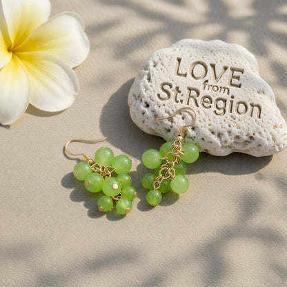 Jade and 18K Gold-Plated Grape Earrings, gold drop earrings for women, dainty minimalist design, lifestyle look