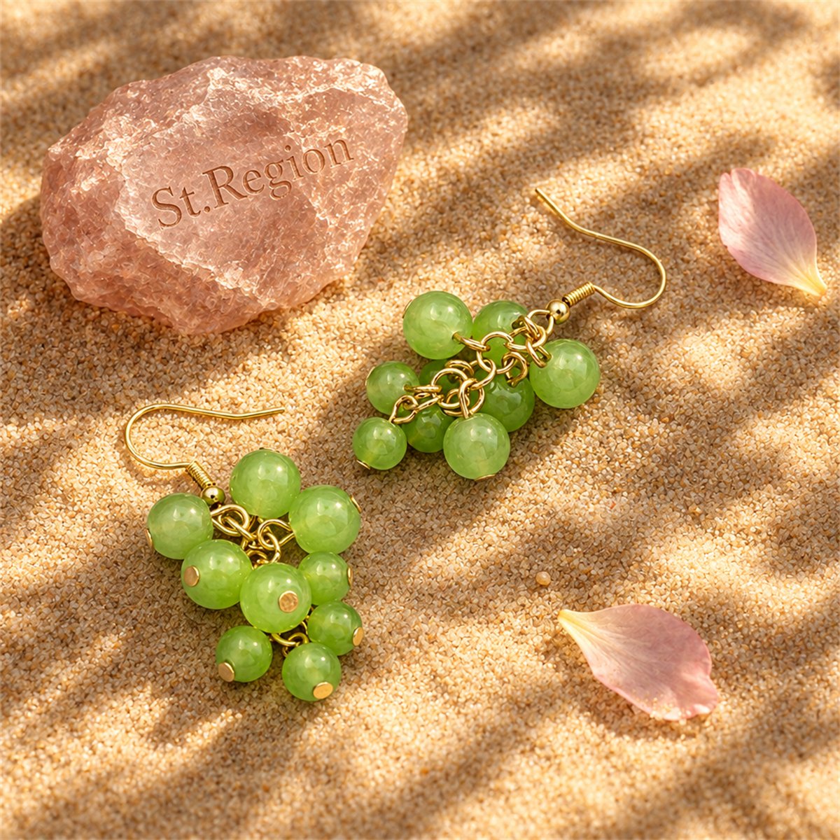 Jade and 18K Gold-Plated Grape Earrings, gold drop earrings for women, dainty minimalist design, detail close-up