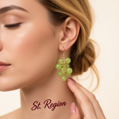 Jade and 18K Gold-Plated Grape Earrings, gold drop earrings for women, dainty minimalist design, styled look