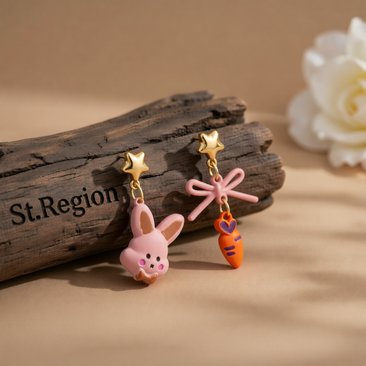 Pink & Orange Enamel Star Rabbit Carrot Drop Earrings