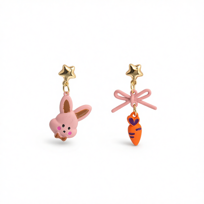 Pink & Orange Enamel Star Rabbit Carrot Drop Earrings