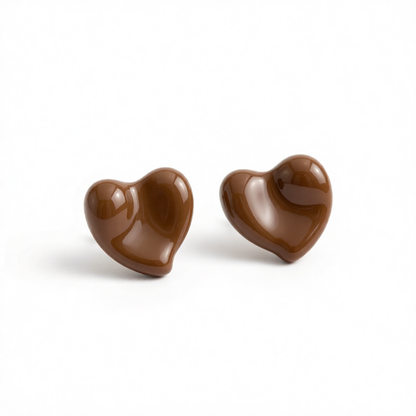 Brown Enamel & Silver-Plated Uneven Heart Stud Earrings