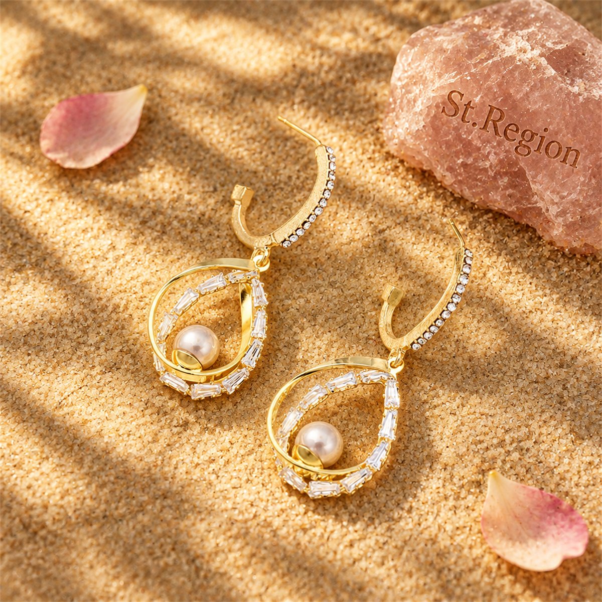 Pearl and Cubic Zirconia 18K Gold-Plated Stacked Teardrop Earrings, gold huggie earrings, everyday style, detail close-up