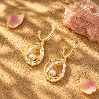 Pearl and Cubic Zirconia 18K Gold-Plated Stacked Teardrop Earrings, gold huggie earrings, everyday style, detail close-up