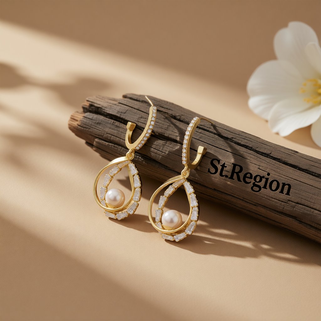 Pearl and Cubic Zirconia 18K Gold-Plated Stacked Teardrop Earrings, gold huggie earrings, everyday style, front view