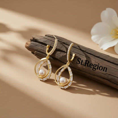 Pearl and Cubic Zirconia 18K Gold-Plated Stacked Teardrop Earrings, gold huggie earrings, everyday style, front view
