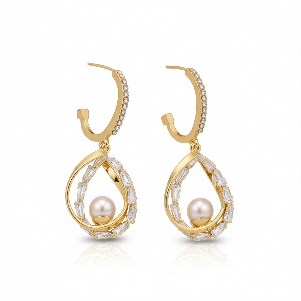 Pearl and Cubic Zirconia 18K Gold-Plated Stacked Teardrop Earrings, gold huggie earrings, everyday style, side view