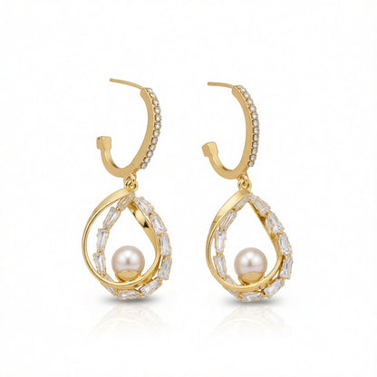 Pearl and Cubic Zirconia 18K Gold-Plated Stacked Teardrop Earrings, gold huggie earrings, everyday style, side view