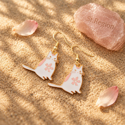 White Enamel and 18K Gold-Plated Kitty Drop Earrings, gold drop earrings for women, elegant gift for her, detail close-up