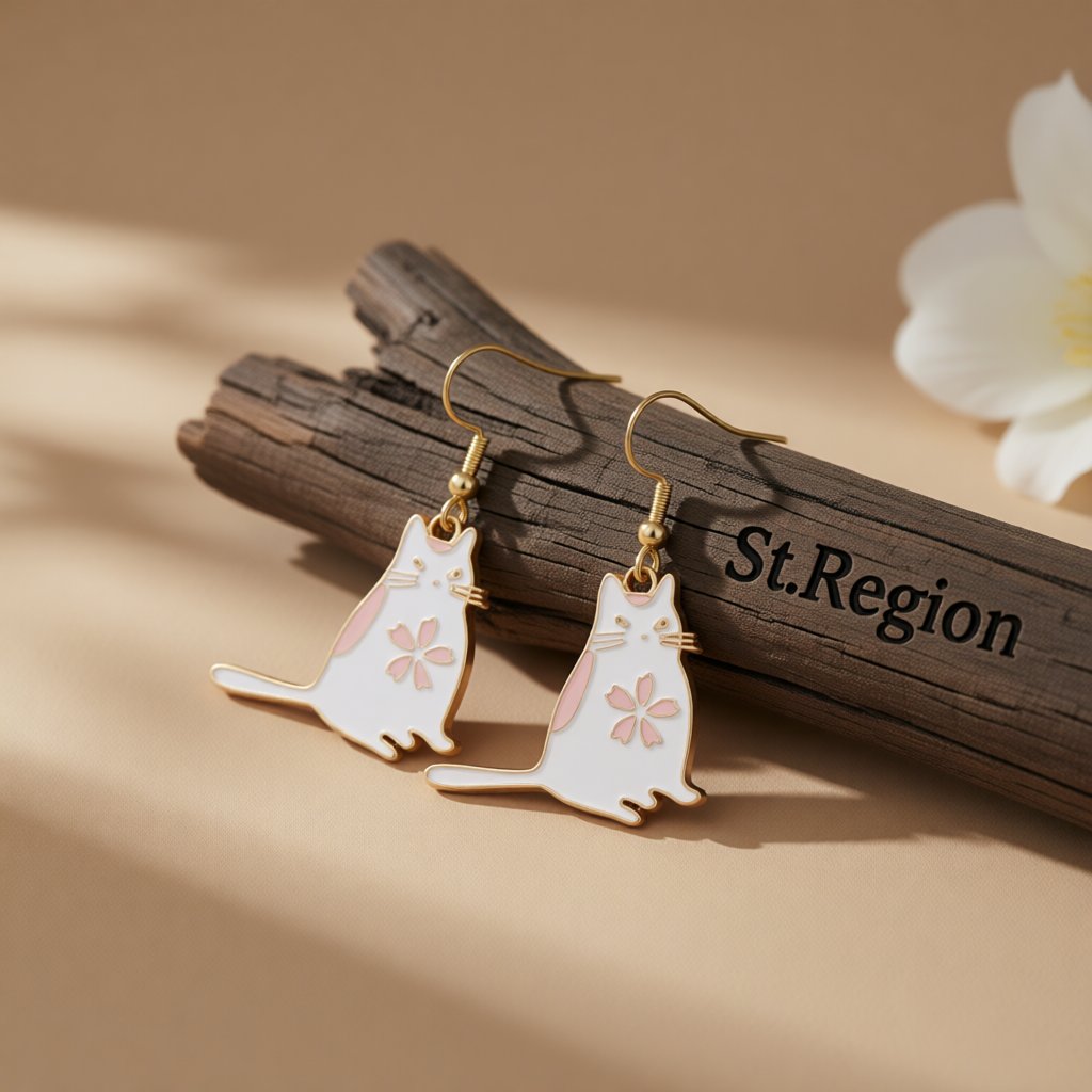 White Enamel and 18K Gold-Plated Kitty Drop Earrings, gold drop earrings for women, elegant gift for her, front view