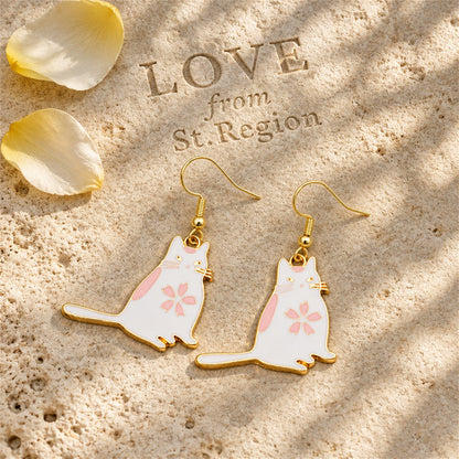 White Enamel and 18K Gold-Plated Kitty Drop Earrings, gold drop earrings for women, elegant gift for her, lifestyle look