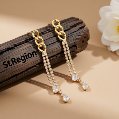 Cubic Zirconia and Crystal 18K Gold-Plated Chain Tassel Drop Earrings, gold drop earrings for women, front view