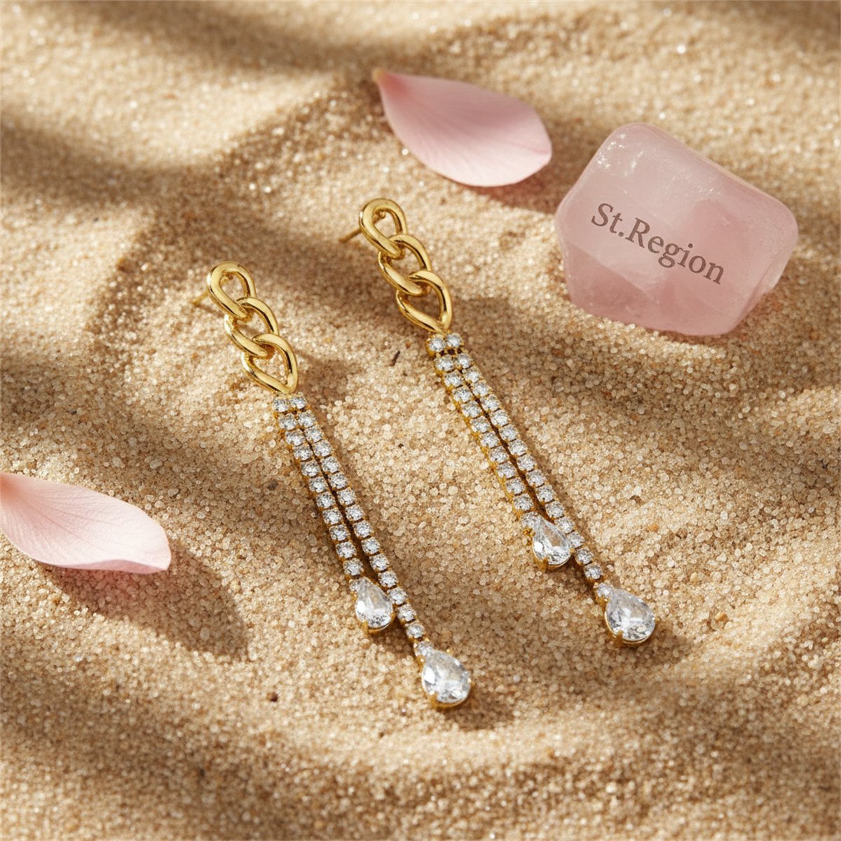 Cubic Zirconia and Crystal 18K Gold-Plated Chain Tassel Drop Earrings, gold drop earrings for women, detail close-up
