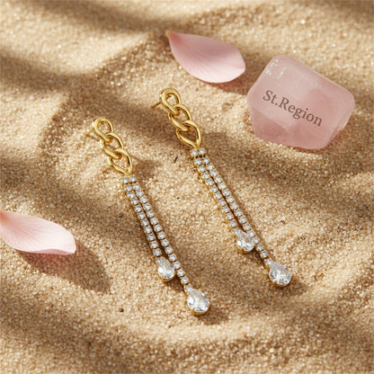 Cubic Zirconia and Crystal 18K Gold-Plated Chain Tassel Drop Earrings, gold drop earrings for women, detail close-up