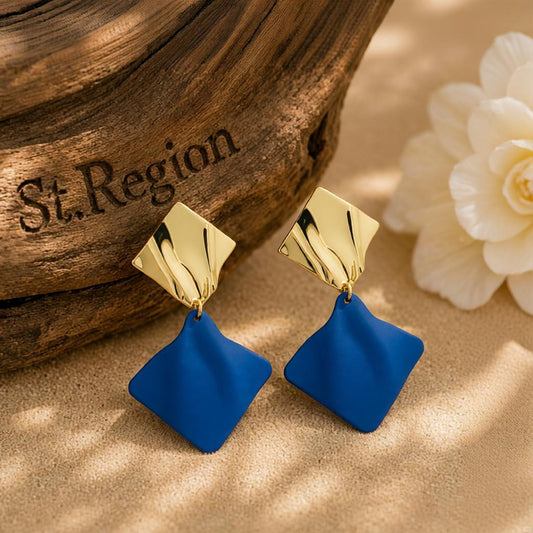 Blue Enamel and 18K Gold-Plated Rhombus Drop Earrings, gold drop earrings for women, dainty minimalist design, front view