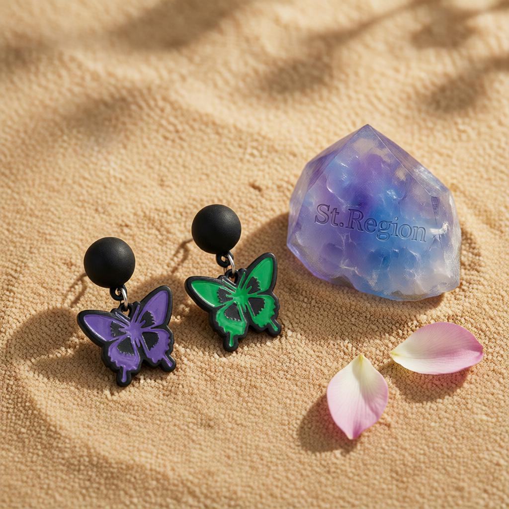 Purple and Green Enamel Silver-Plated Butterfly Drop Earrings, silver drop earrings for women, detail close-up