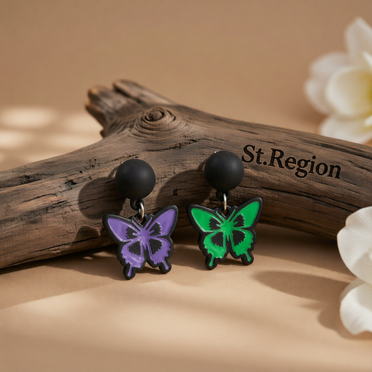 Purple & Green Enamel Silver-Plated Butterfly Drop Earrings
