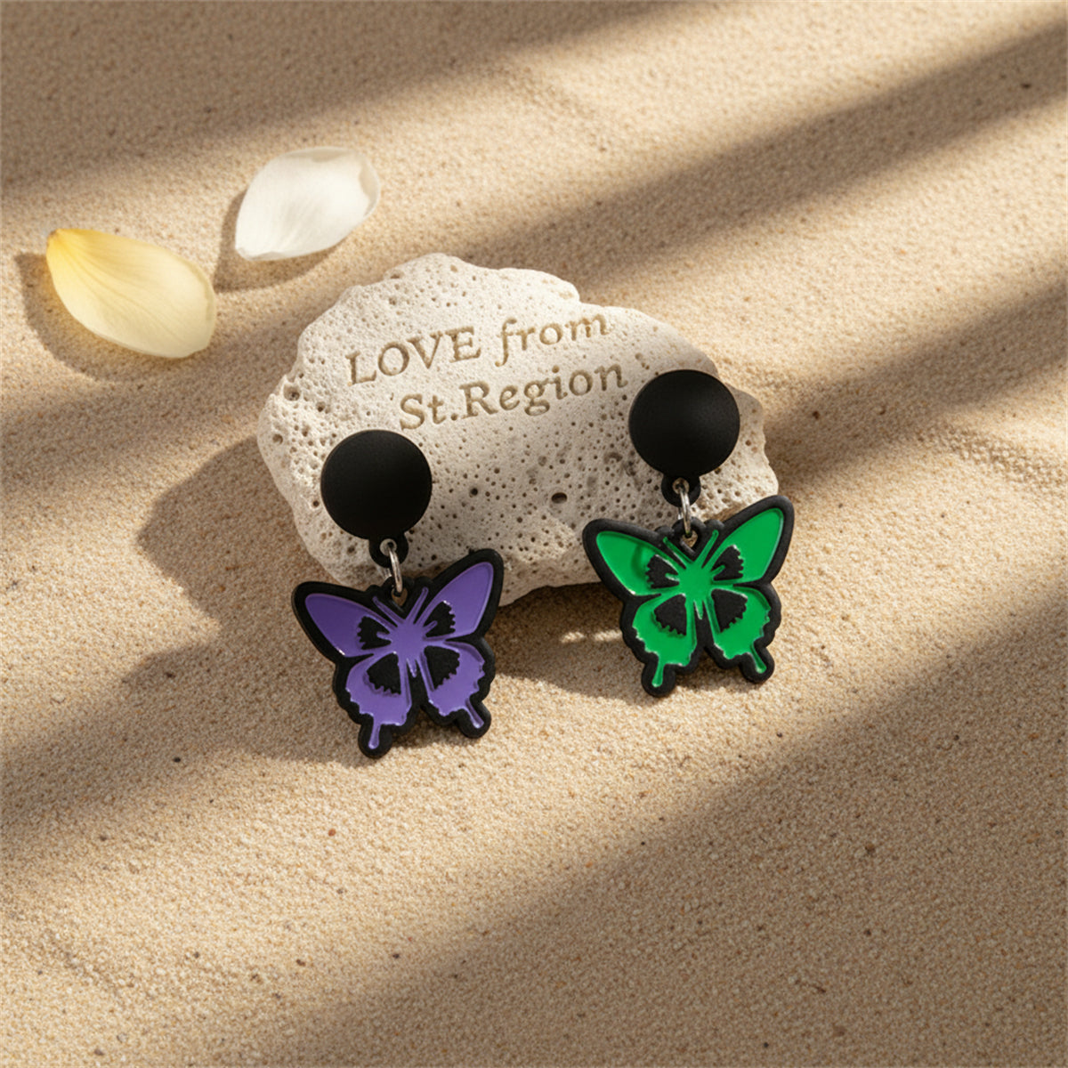 Purple & Green Enamel Silver-Plated Butterfly Drop Earrings
