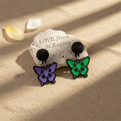 Purple & Green Enamel Silver-Plated Butterfly Drop Earrings