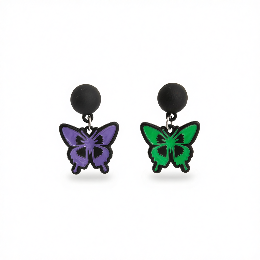 Purple & Green Enamel Silver-Plated Butterfly Drop Earrings