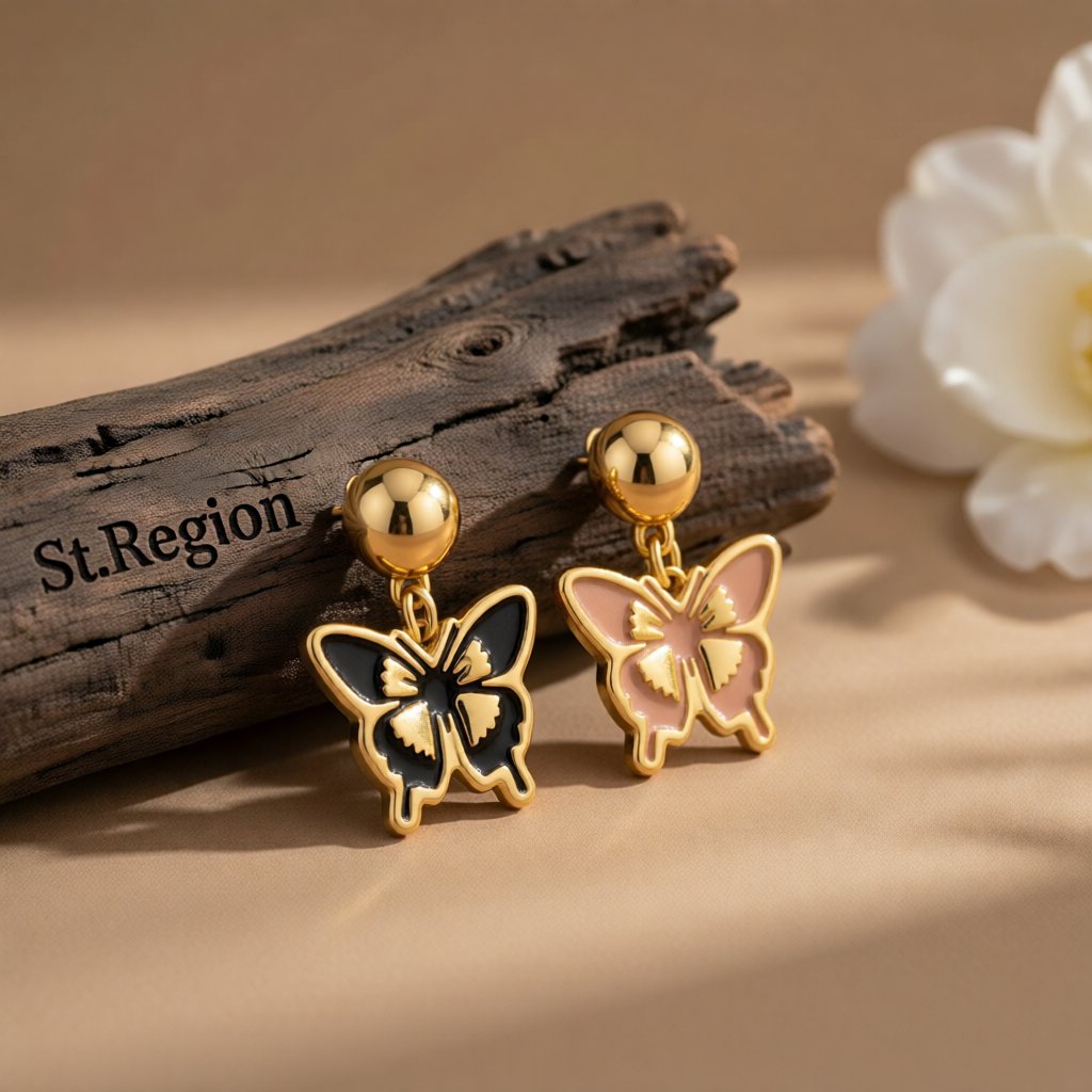 Blush and Black Enamel 18K Gold-Plated Butterfly Drop Earrings, gold drop earrings for women, front view