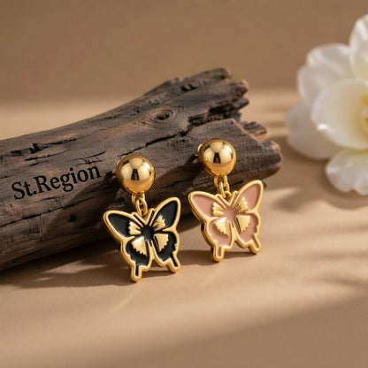 Blush and Black Enamel 18K Gold-Plated Butterfly Drop Earrings, gold drop earrings for women, front view