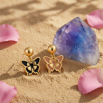 Blush and Black Enamel 18K Gold-Plated Butterfly Drop Earrings, gold drop earrings for women, detail close-up