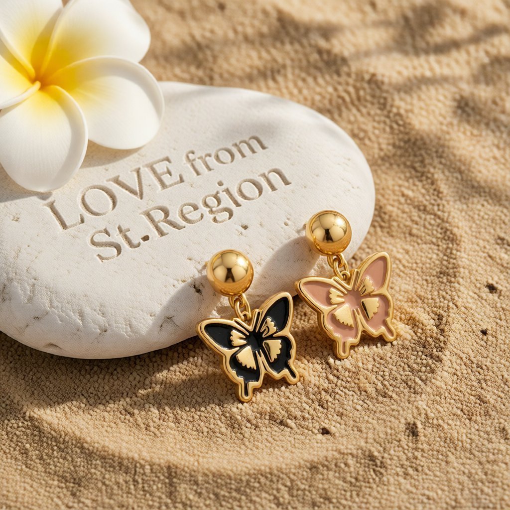 Blush and Black Enamel 18K Gold-Plated Butterfly Drop Earrings, gold drop earrings for women, lifestyle look
