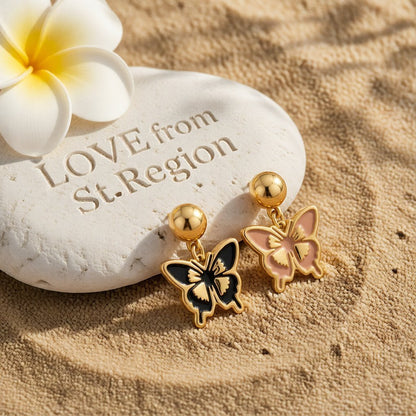 Blush and Black Enamel 18K Gold-Plated Butterfly Drop Earrings, gold drop earrings for women, lifestyle look