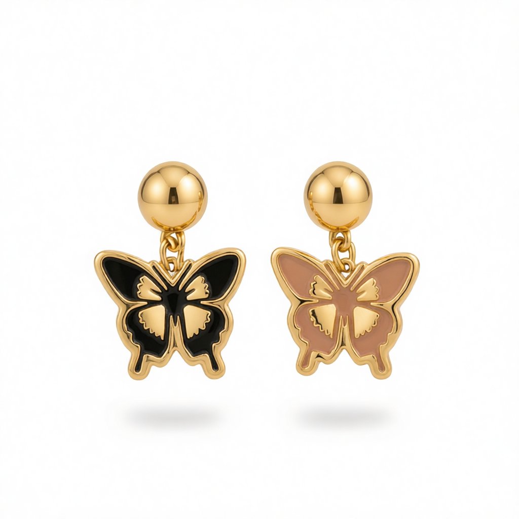 Blush and Black Enamel 18K Gold-Plated Butterfly Drop Earrings, gold drop earrings for women, side view
