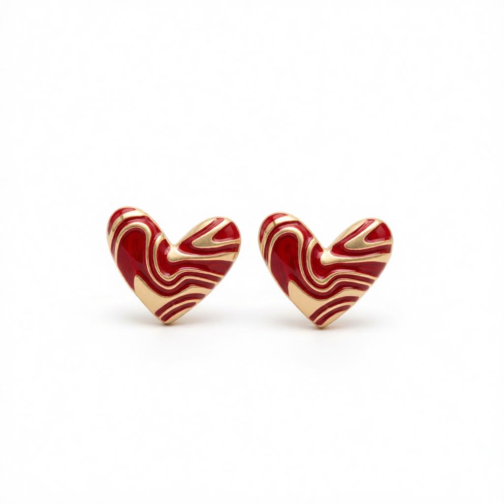 Red and Silver-Plated Heart Stud Earrings, cubic zirconia stud earrings for women, dainty minimalist design, side view