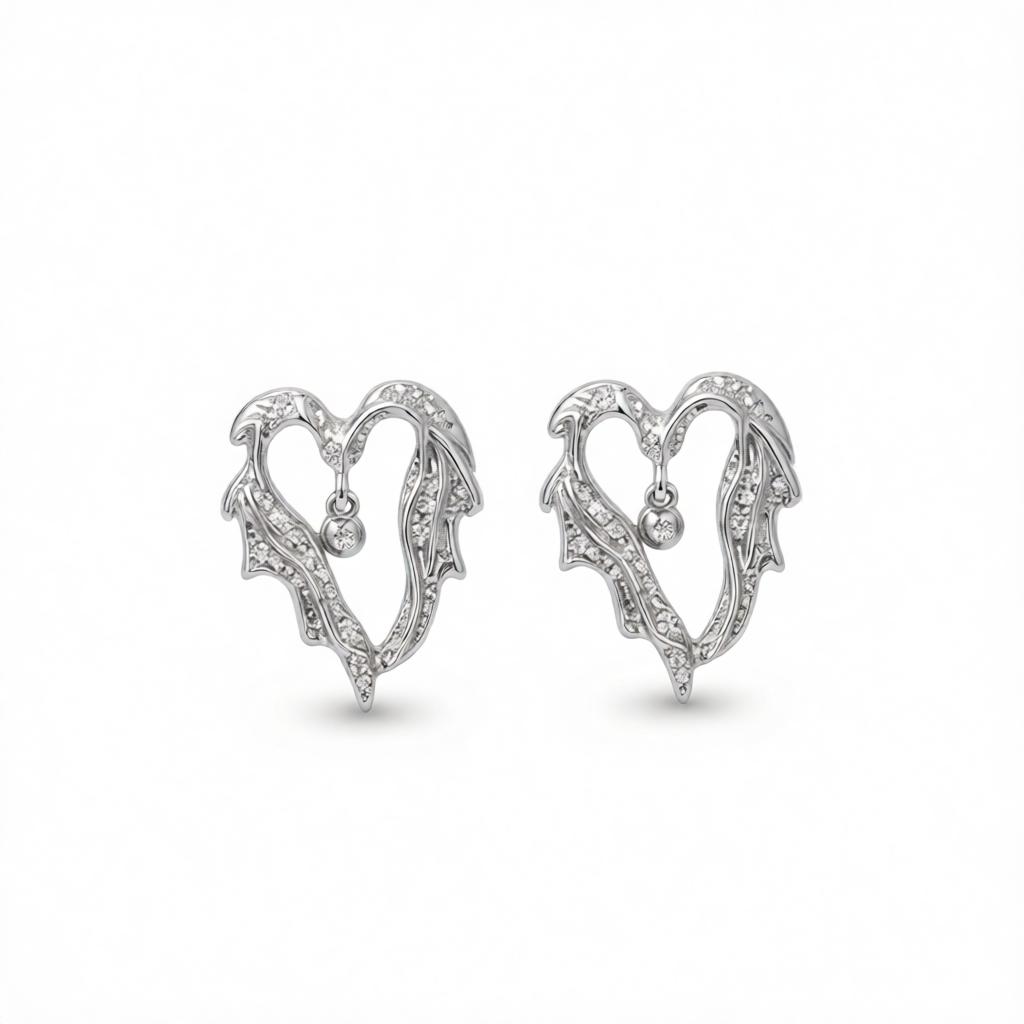 Silver-Plated Textured Bell Heart Stud Earrings, cubic zirconia stud earrings for women, botanical inspired, side view