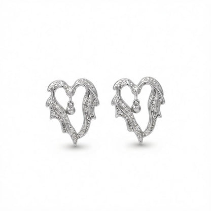 Silver-Plated Textured Bell Heart Stud Earrings, cubic zirconia stud earrings for women, botanical inspired, side view