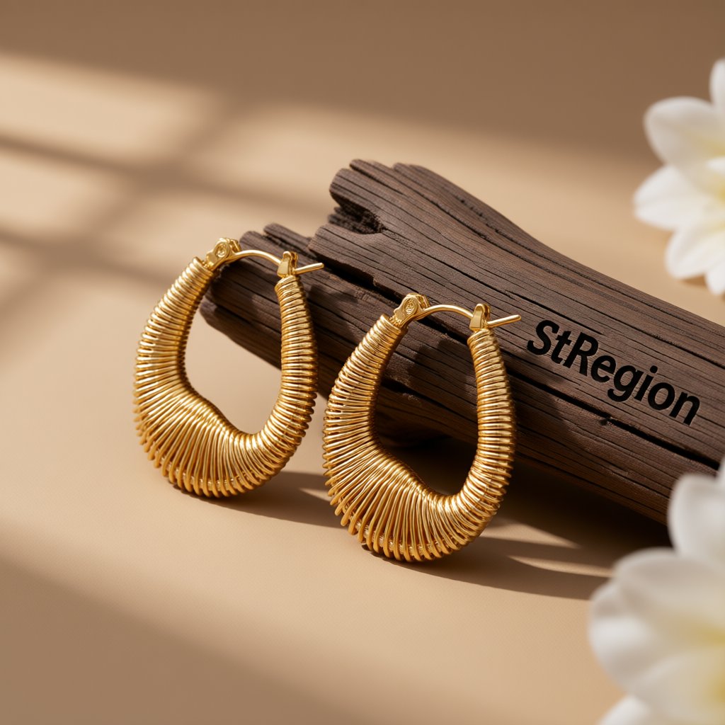 18K Gold-Plated Spring Huggie Earrings, gold huggie earrings, elegant gift for her, front view