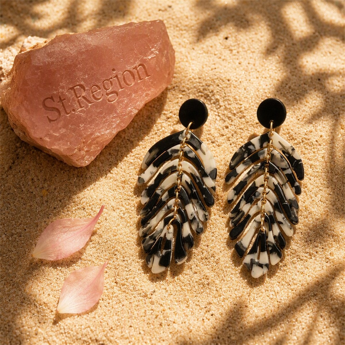 Black and White Speckled Leaf Drop Earrings, drop earrings for women, dainty minimalist design, detail close-up